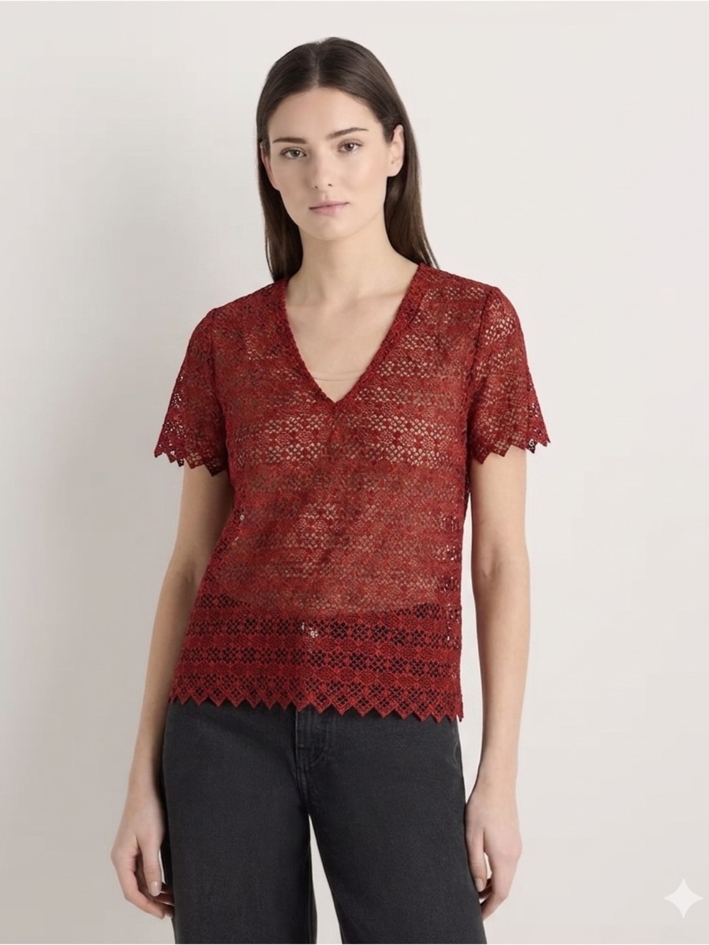 Sandro Paris Red Lace Blouse — Size 1 (US XS/S)